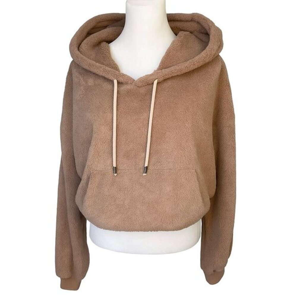 REVOLVE Plush Teddy Cropped Hoodie in Camel Brown